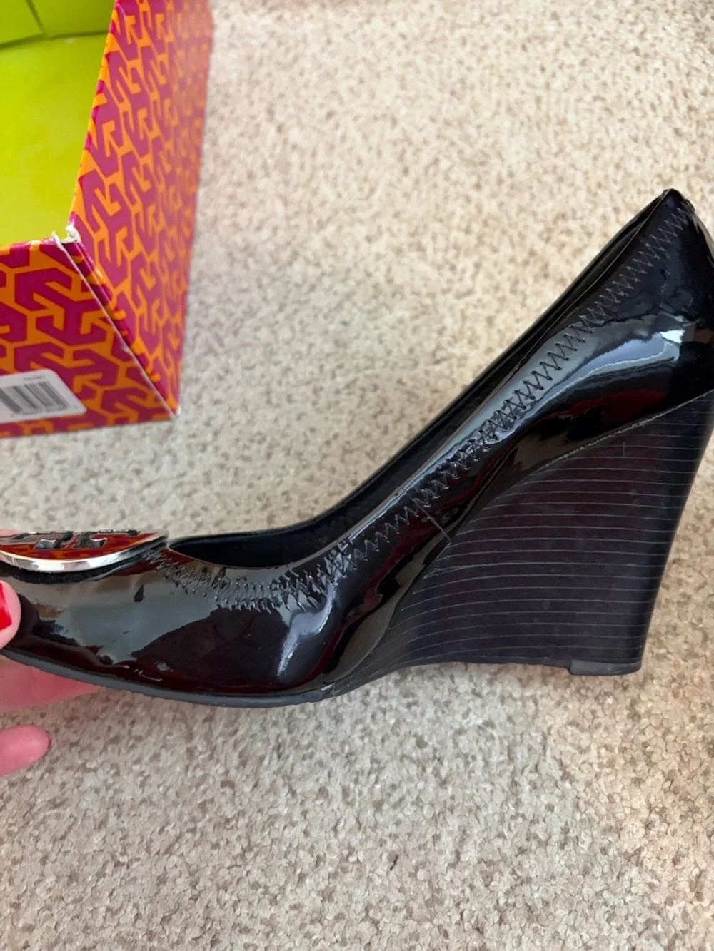 Tory Burch “Sophie” Black Patent Leather wedge heel with silver hardware, 8